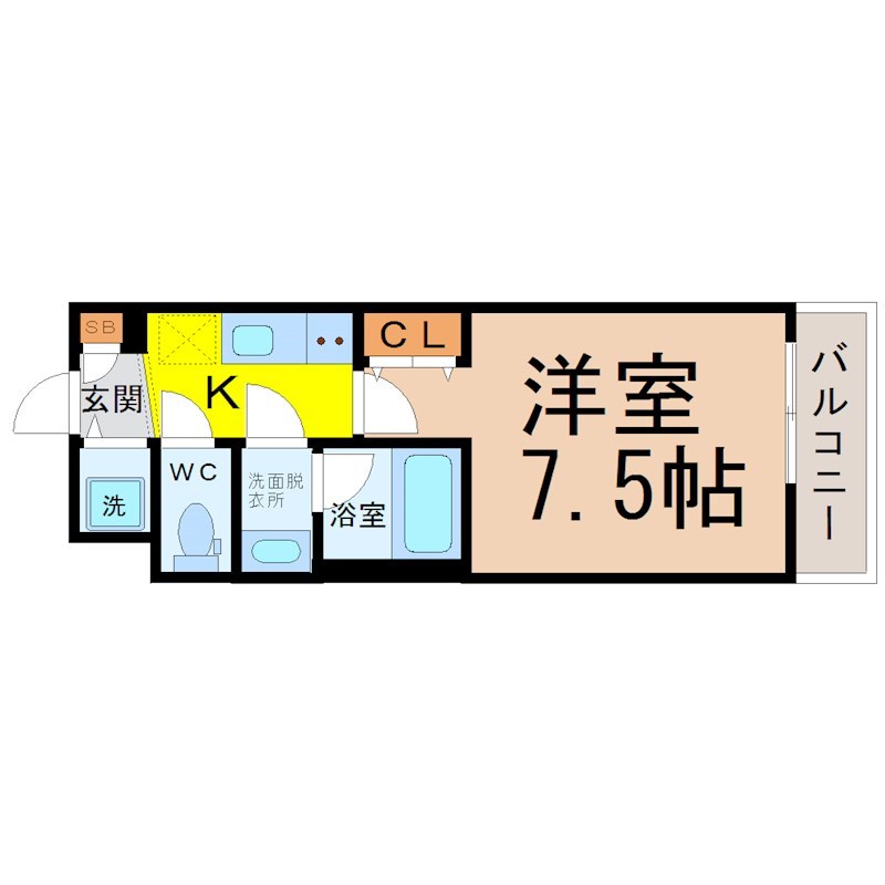 ブランシエスタ東別院 間取図　洋室7.5帖　脱衣洗面所　クローゼット付　バルコニー