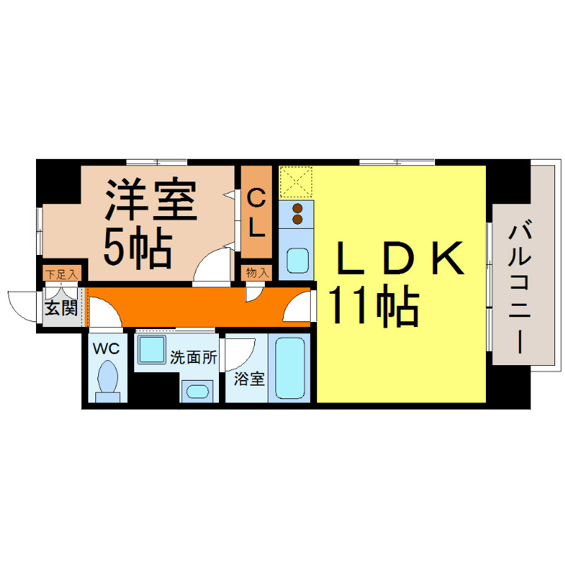 フォレスト９ 間取図　ＬＤＫ11帖　洋室5帖　脱衣洗面所　南面バルコニー
