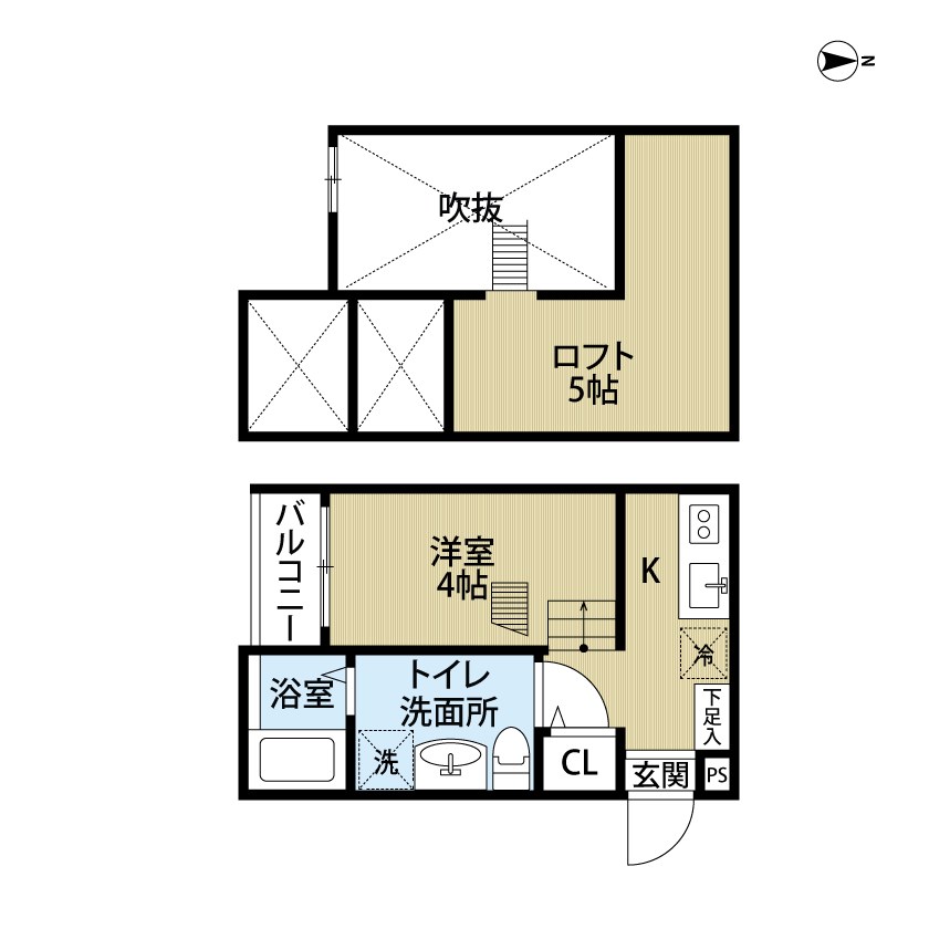 Ｖａｄｏｏ（ヴァドゥ） 間取図　洋室4帖　ロフト5帖　脱衣洗面所　バルコニー