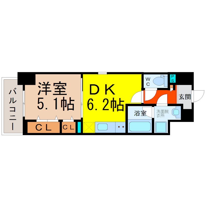 ベル・リトモ 間取図　ＤＫ6.2帖　洋室5.1帖　脱衣洗面所　バルコニー