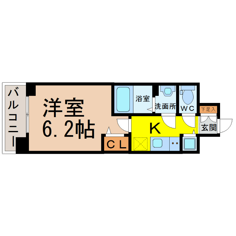 プレサンス丸の内城雅 間取図　洋室6.2帖　脱衣洗面所　クローゼット