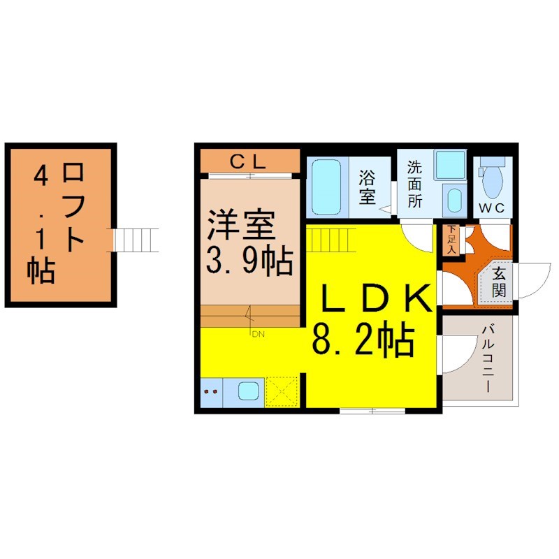 ハーモニーテラス中郷Ⅰ 間取図　ＬＤＫ8.2帖　洋室3.9帖　ロフト4.1帖