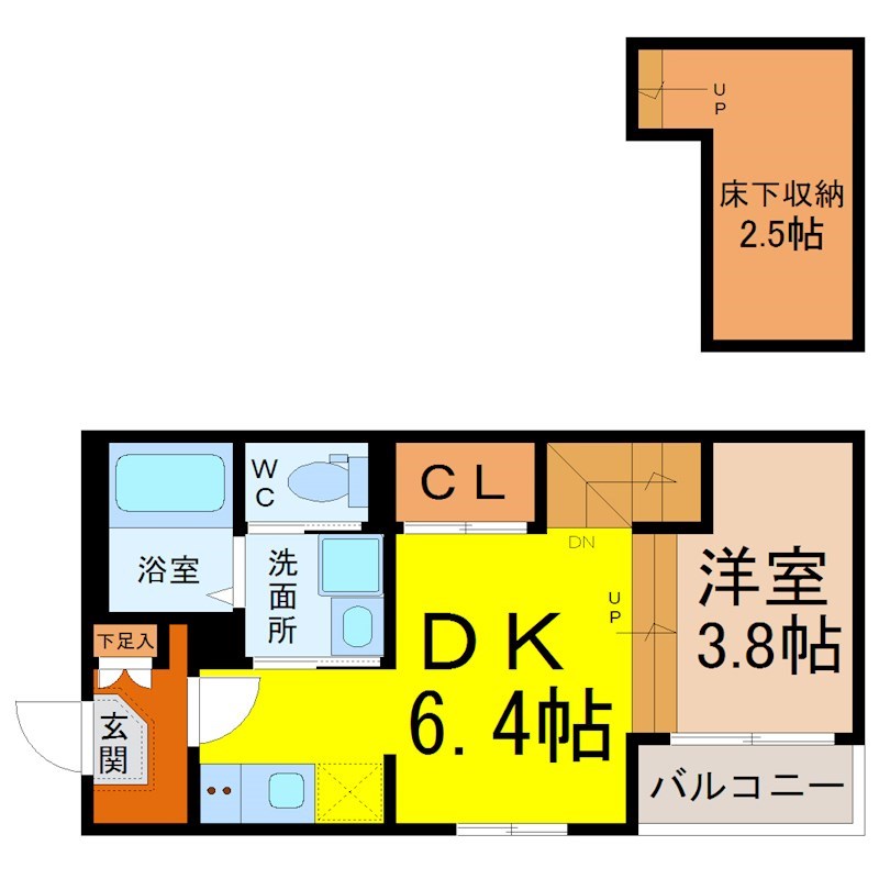 ハーモニーテラス中郷Ⅰ 間取図　ＤＫ6.4帖　洋室3.8帖　床下収納2.5帖