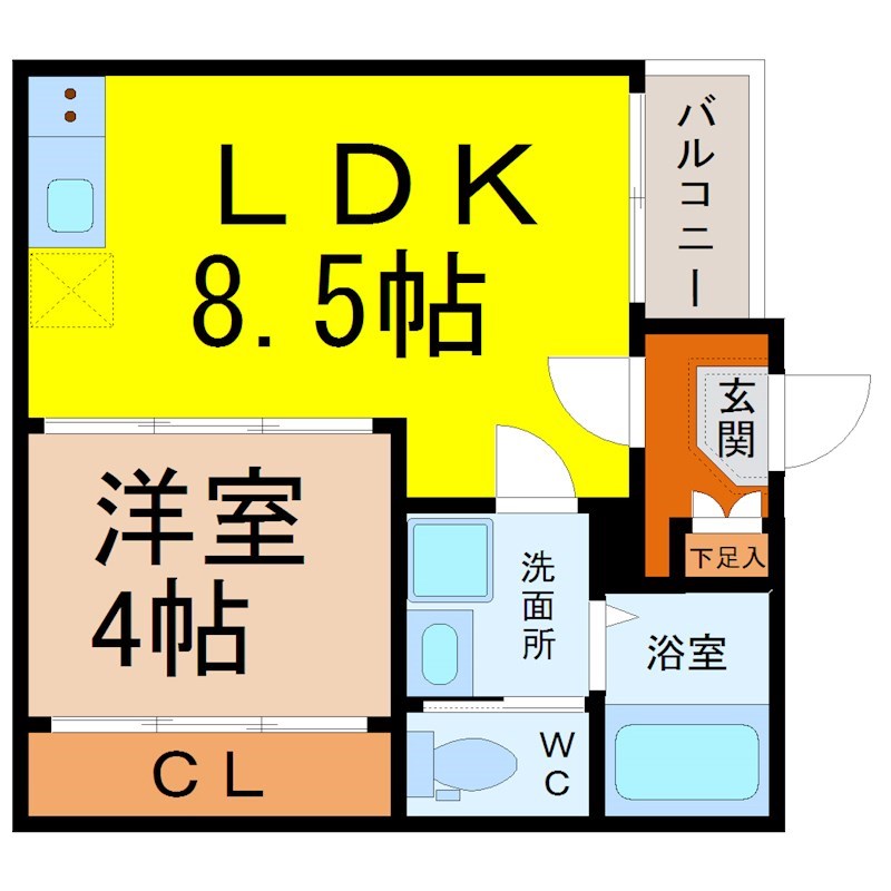 ハーモニーテラス中村公園 間取図　ＬＤＫ8.5帖　洋室4帖　脱衣洗面所