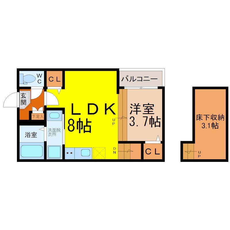 ハーモニーテラス中村公園 間取図　ＬＤＫ8帖　洋室3.7帖　床下収納3.1帖
