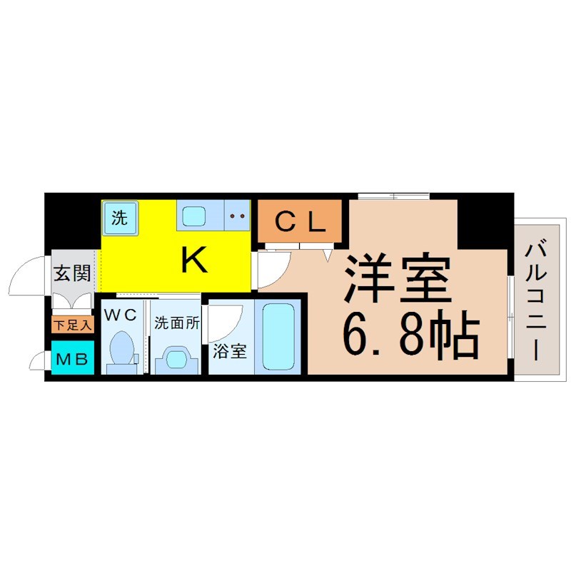 プレジデント大須 間取り　洋室6.8帖　脱衣洗面所　バルコニー
