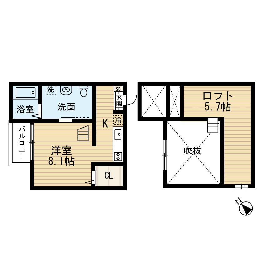 ＣａｓａＺｉｒｕｃｏｎ（カーサジルコン） 間取図　洋室8.1帖　ロフト5.7帖　脱衣洗面所
