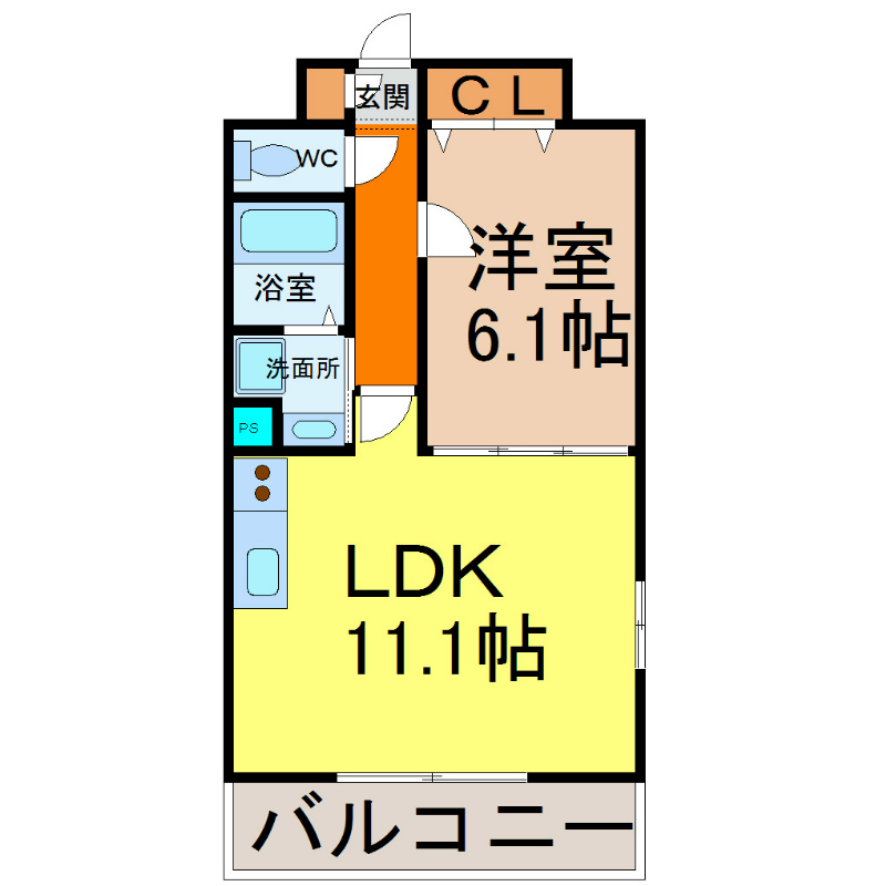 レーベスト志賀本通 間取り　ＬＤＫ11.1帖　洋室6.1帖　エアコン完備