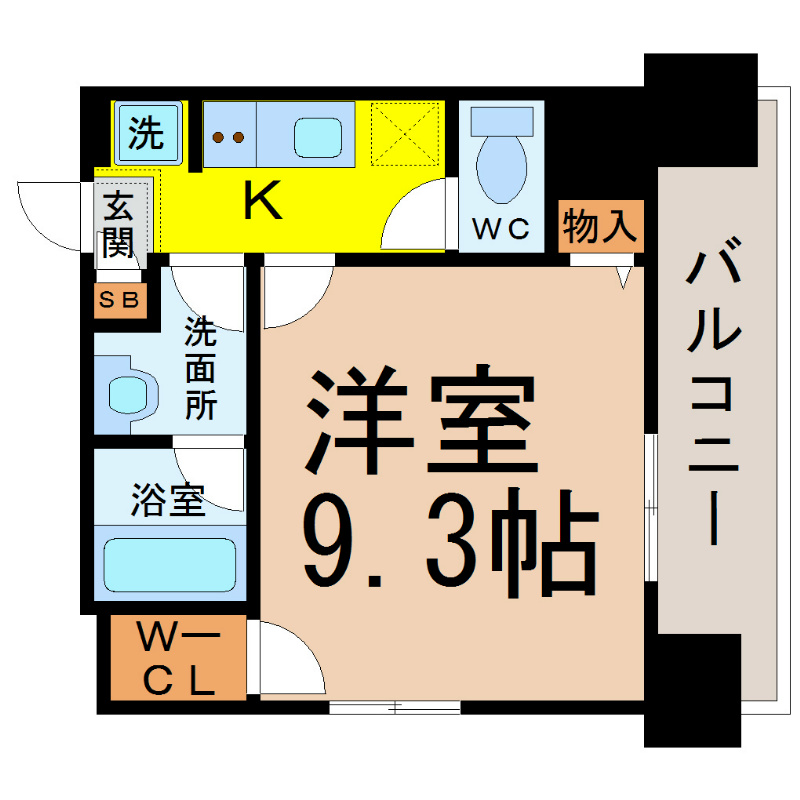 レーベスト志賀本通 間取り　洋室9.3帖　脱衣洗面所　バルコニー