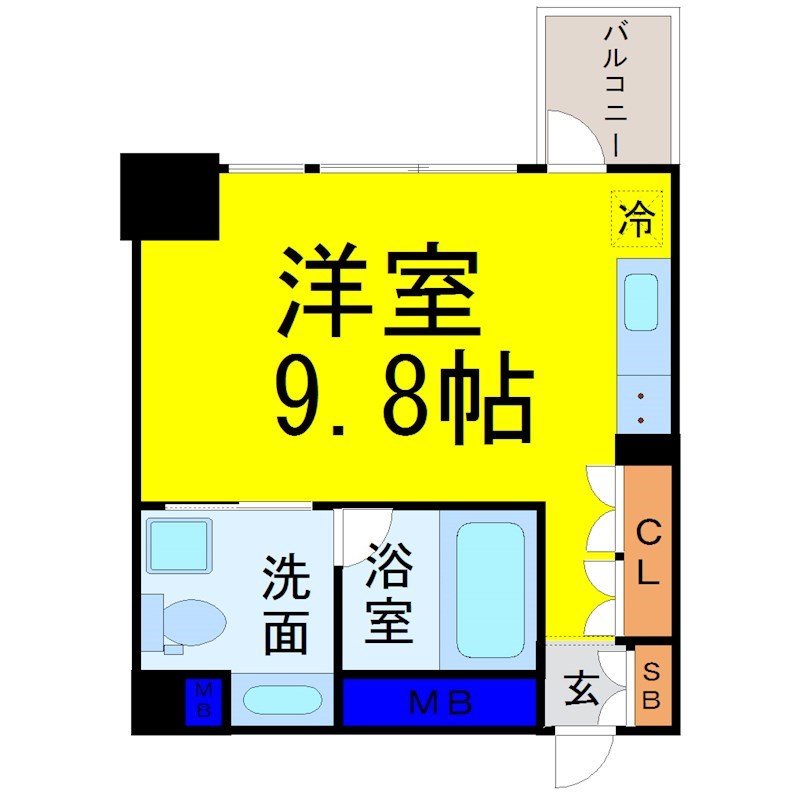 ＣＯＺＹ名城公園 間取図　洋室9.8帖　脱衣洗面所　バルコニー