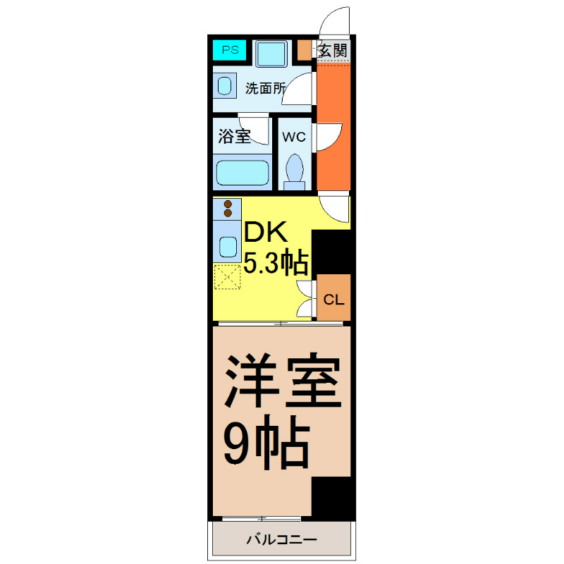 レジディア東桜 間取図　洋室9帖　DK5.3帖　バルコニー