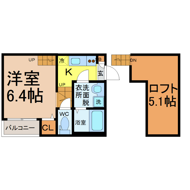 エスポワール 間取図　洋室6.4帖　ロフト5.1帖　脱衣洗面所