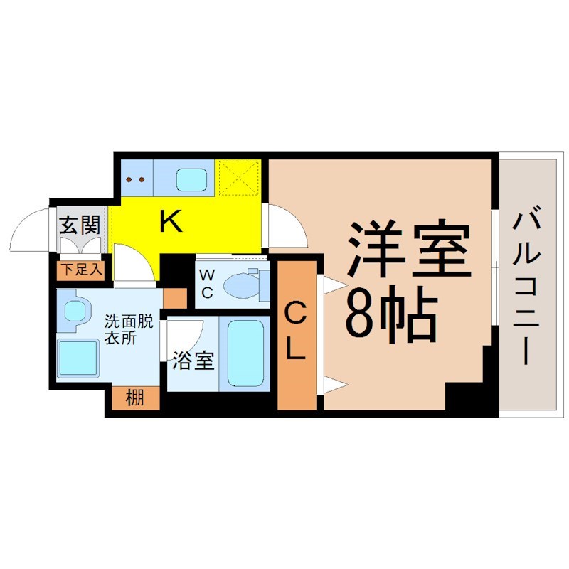 プロシード大須 間取図　洋室8帖　脱衣洗面所　クローゼット付　バルコニー