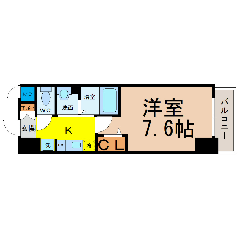 リバーコート砂田橋II 間取図　洋室7.6帖　脱衣洗面所　バルコニー
