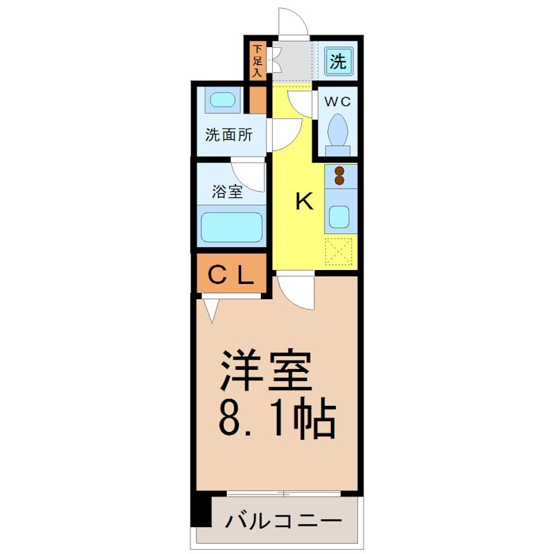 ルクレ新栄レジデンス（コンフォリア新栄） 間取図　洋室8.1帖　脱衣洗面所　バルコニー