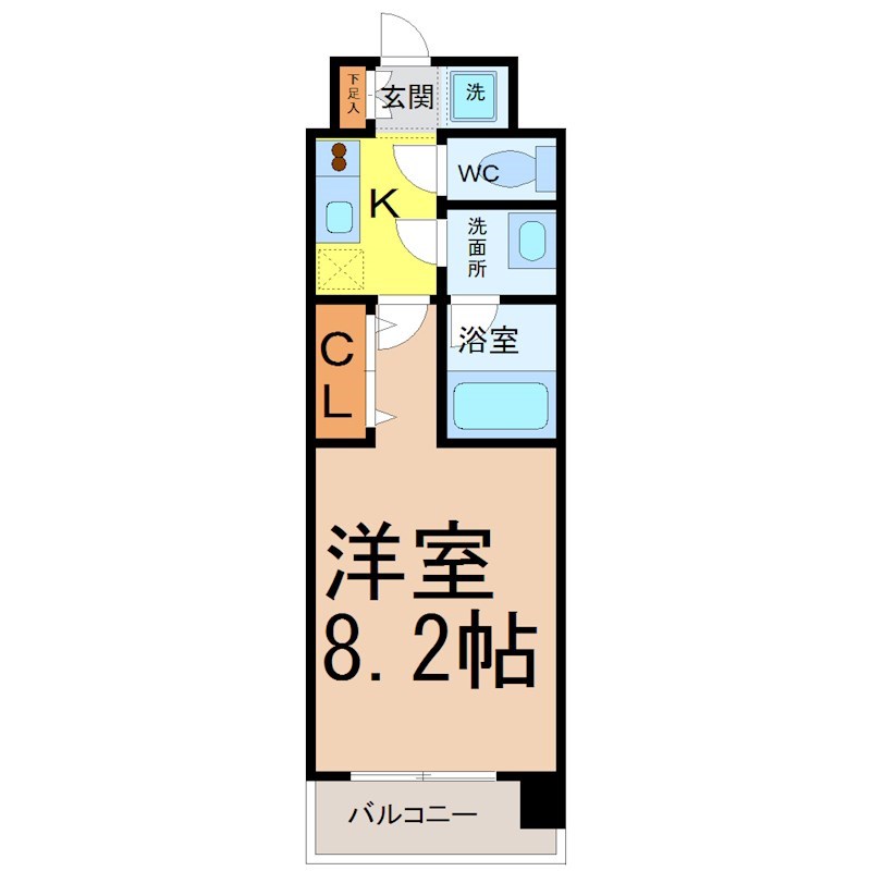 ルクレ新栄レジデンス（コンフォリア新栄） 間取図　洋室8.2帖　脱衣洗面所　バルコニー