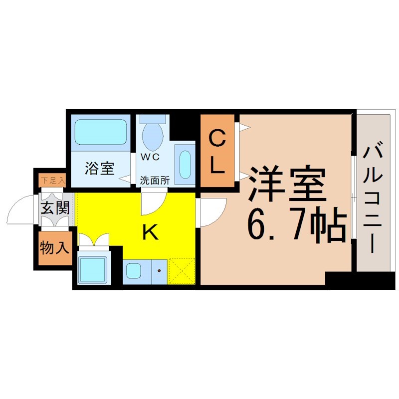 アールコーヴ押切 間取図　洋室6.7帖　脱衣洗面所　バルコニー