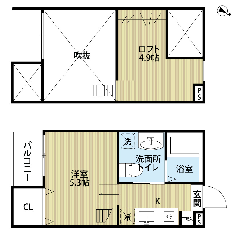 フェニックス 間取図　洋室5.3帖　ロフト4.9帖　脱衣洗面所