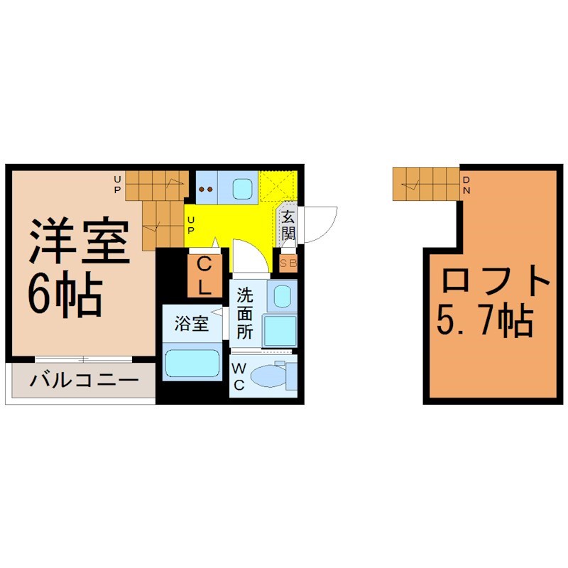 ハーモニーテラス一番 間取図　洋室6帖　ロフト5.7帖　脱衣洗面所　バルコニー