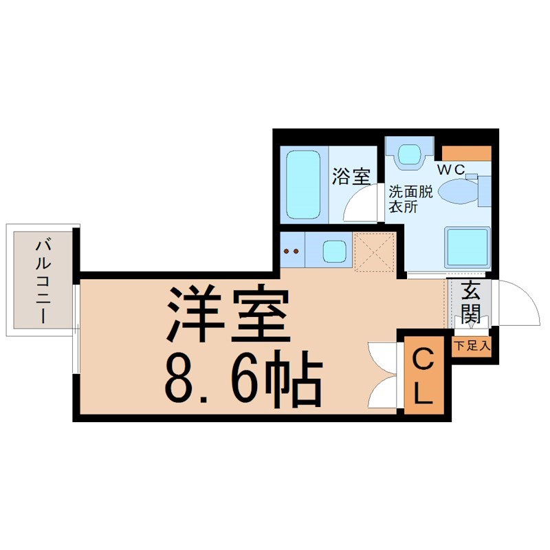 Ｃｏｍｆｏｒｔ金山 間取図　洋室8.6帖　脱衣洗面所　クローゼット付
