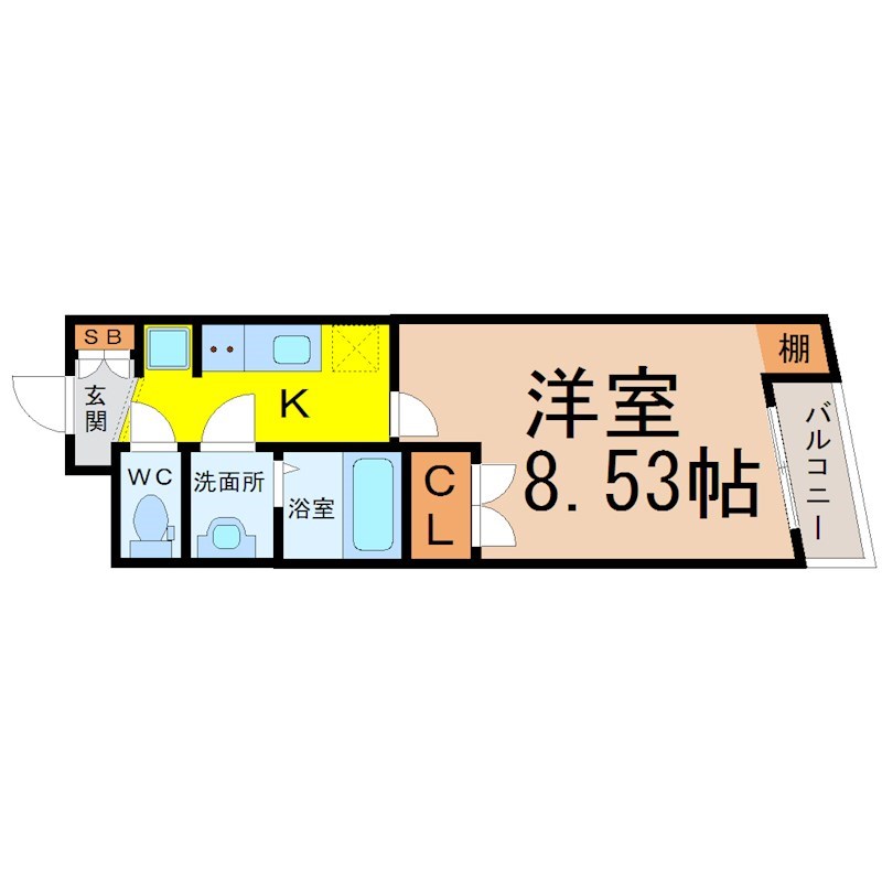 アビターレ豊前 間取図　洋室8.53帖　脱衣洗面所　南面バルコニー