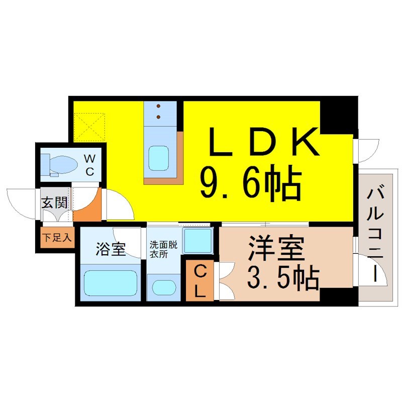 Ｍステージ矢田南 間取図　ＬＤＫ9.6帖　洋室3.5帖　脱衣洗面所　バルコニー