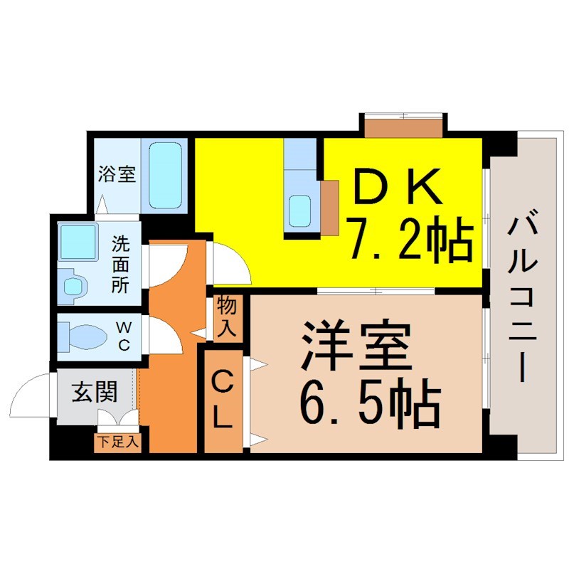 ＨＥＲＢＥ庄内通（エルブ庄内通） 間取図　ＤＫ7.2帖　洋室6.5帖　カウンターキッチン