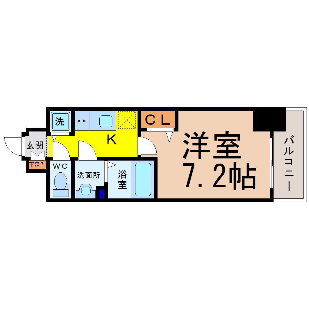プレサンス上前津グレース 間取図　洋室7.2帖　脱衣洗面所　バルコニー