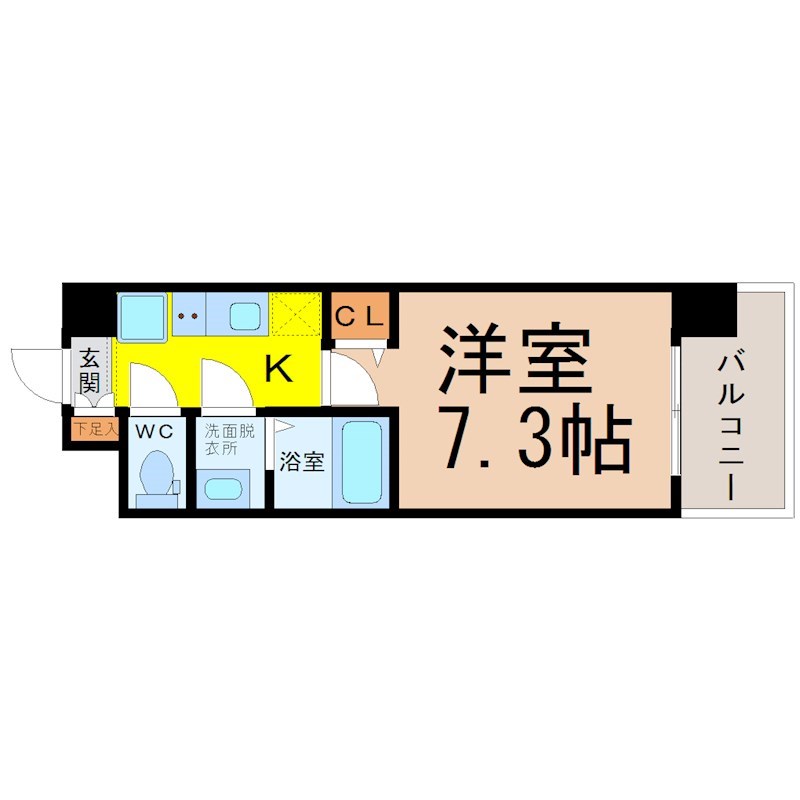 Ｓ－ＦＯＲＴ大須観音 間取図　洋室7.3帖　脱衣洗面所　クローゼット付　バルコニー