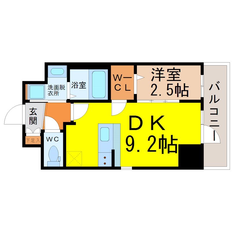 エステムコート名古屋新栄IIアリーナ 間取図　ＤＫ9.2帖　洋室2.5帖　脱衣洗面所　バルコニー