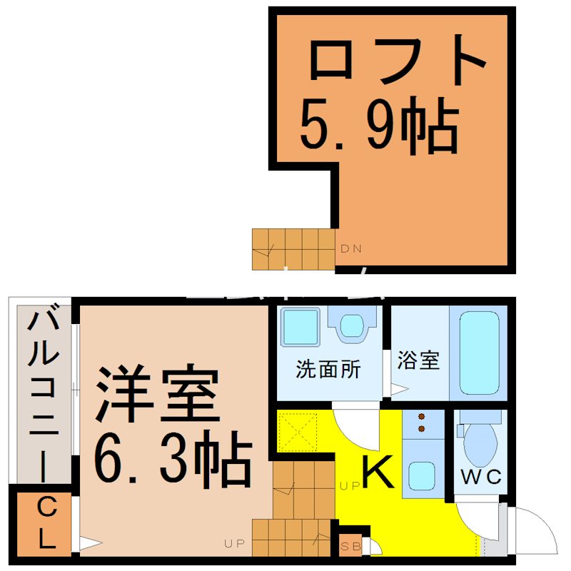 ミリオン中村本町 間取図　洋室6.3帖　ロフト5.9帖　脱衣洗面所　バルコニー
