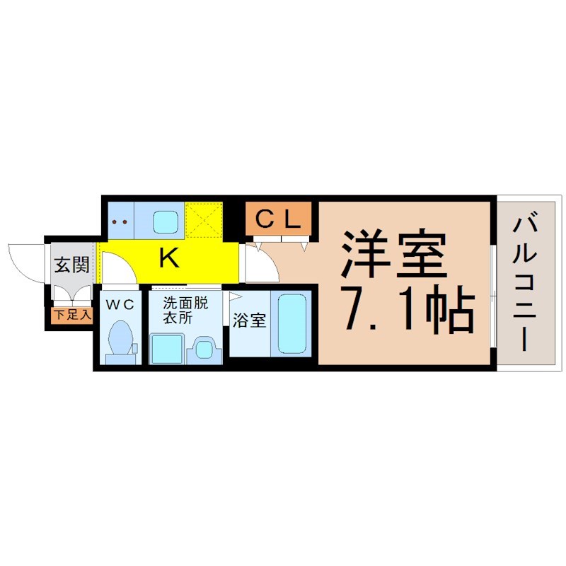 カンピオーネ御器所通 間取図　洋室7.1帖　脱衣洗面所　南面バルコニー