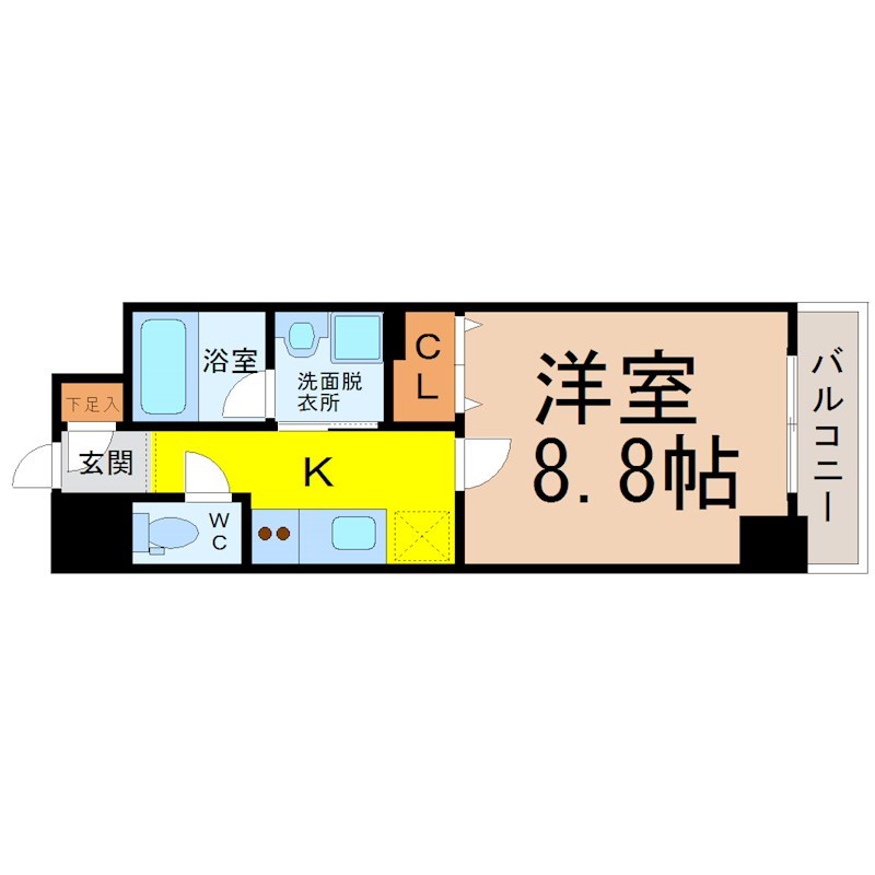 ルクレ大曽根 間取図　洋室8.8帖　脱衣洗面所　南面バルコニー