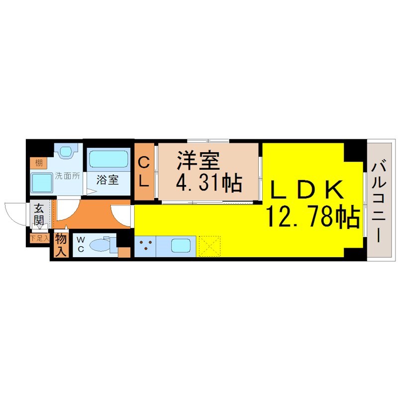 Ｓ－ＦＯＲＴ熱田花町 間取図　ＬＤＫ12.78帖　洋室4.31帖　バルコニー