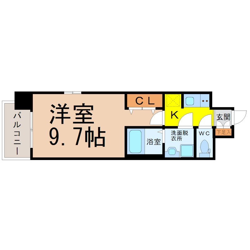 Ｓ－ＲＥＳＩＤＥＮＣＥ志賀本通II 間取図　洋室9.7帖　脱衣洗面所　クローゼット付　バルコニー