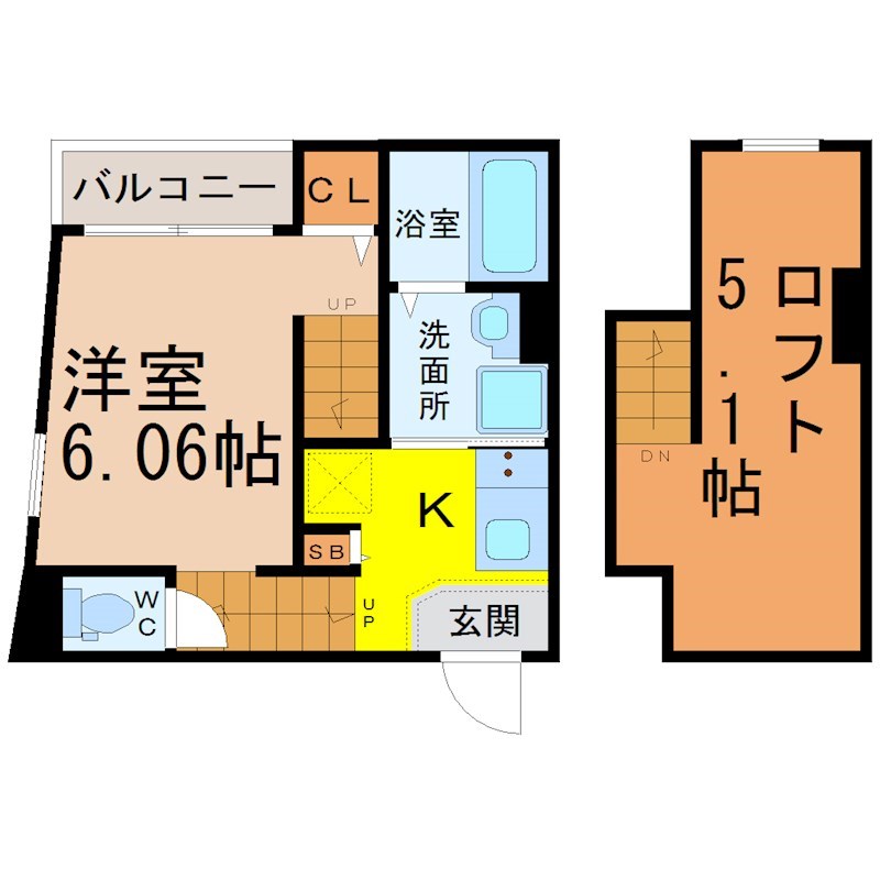 グルージャ黒門 間取図　洋室6帖　ロフト5.1帖　脱衣洗面所　バルコニー