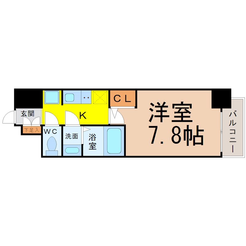 Ｓ－ＲＥＳＩＤＥＮＣＥ志賀本通 間取図　洋室7.8帖　脱衣洗面所　クローゼット付　バルコニー