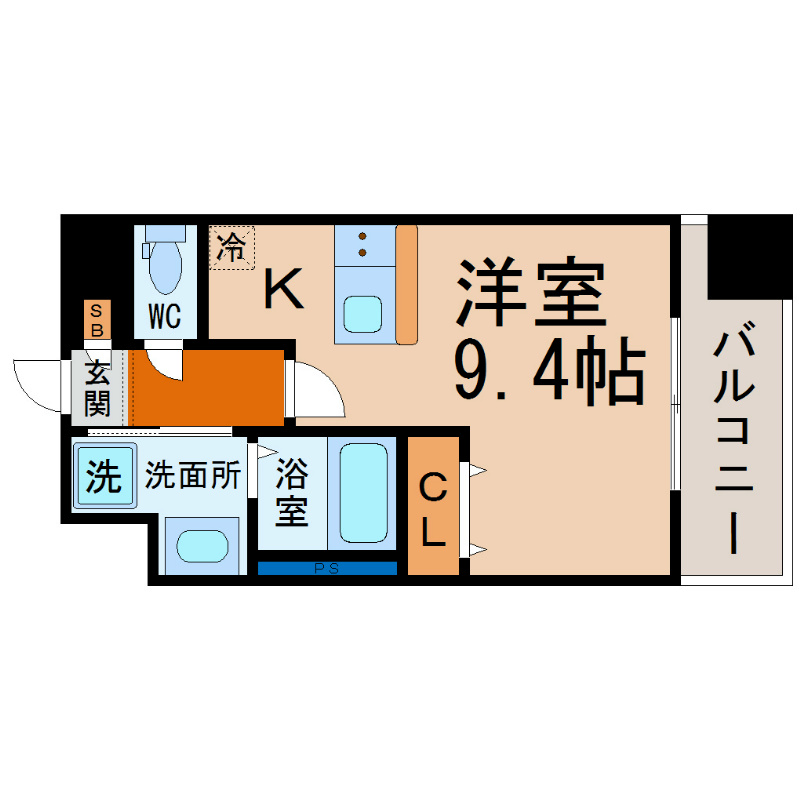 アンナマリー大喜 間取図　洋室9.4帖　脱衣洗面所　南面バルコニー