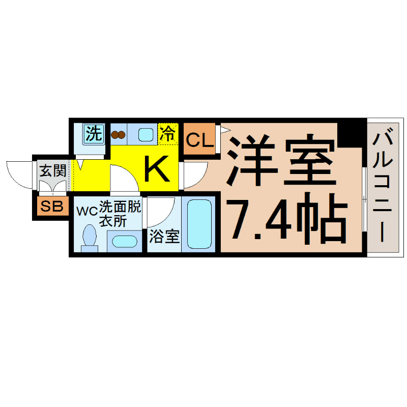 カレント新栄 間取図　洋室7.4帖　クローゼット付　バルコニー