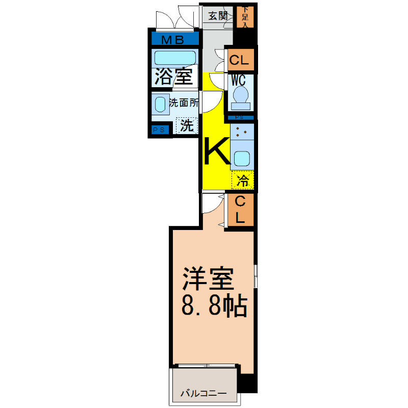 Ｆｕｃｈｓｉａ（フクシア） 間取図　洋室8.8帖　脱衣洗面所　バルコニー