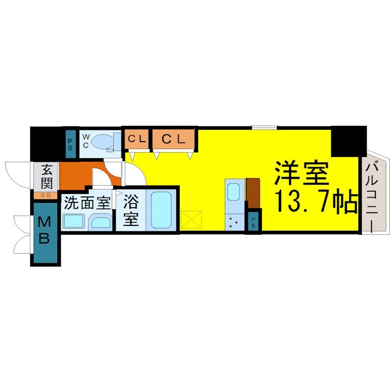 グランパークタワー 間取図　洋室13.7帖　カウンターキッチン　脱衣洗面所