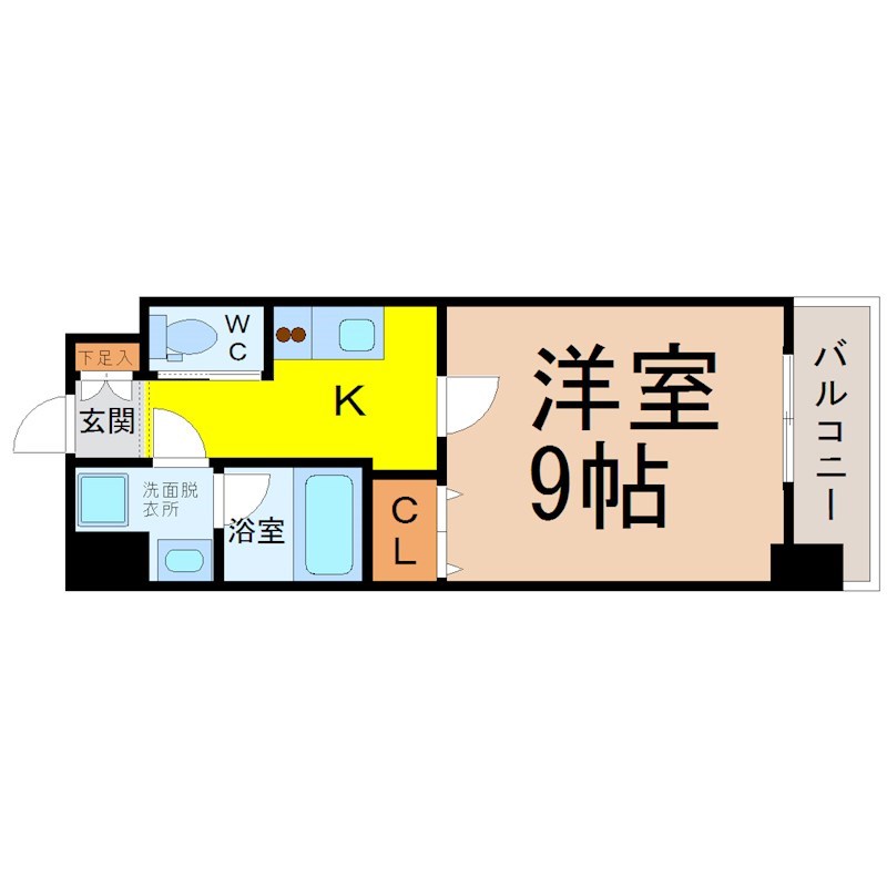 アマーレ東海通 間取図　洋室9帖　脱衣洗面所　クローゼット付　バルコニー