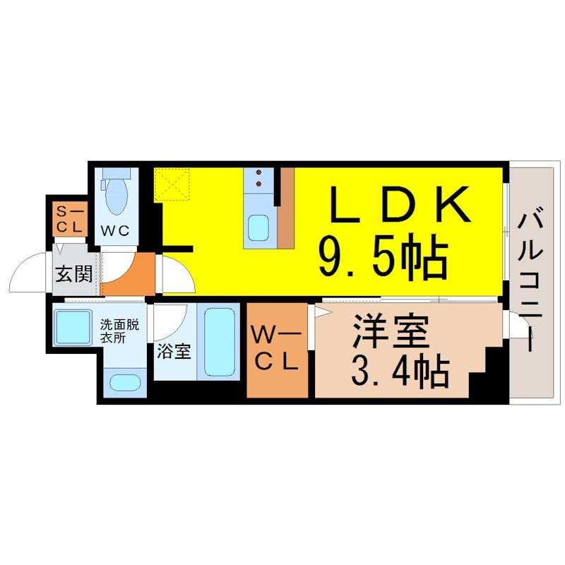 ＲＥＳＩＤＥＮＣＥ　ＴＡＣＨＩＢＡＮＡ 間取図　ＬＤＫ9.5帖　洋室3.4帖　脱衣洗面所　バルコニー