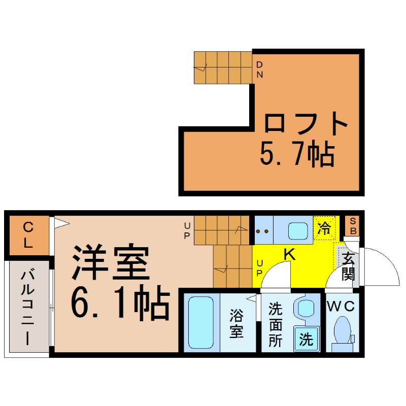アジュール鶴舞 間取図　洋室6.1帖　ロフト5.7帖　脱衣洗面所　バルコニー