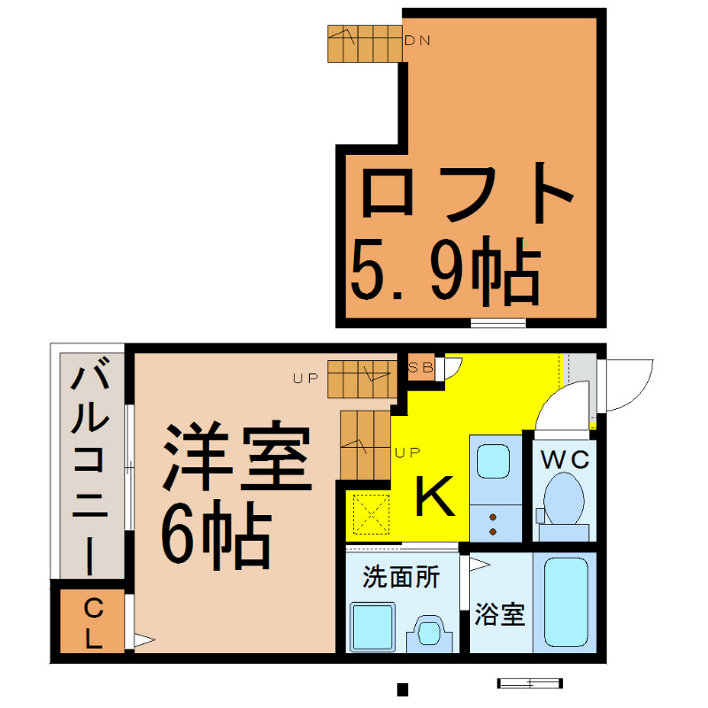 ＳＡＮＣＴＵＡＲＹ（サンクチュアリ） 間取図　洋室6帖　ロフト5.9帖　脱衣洗面所