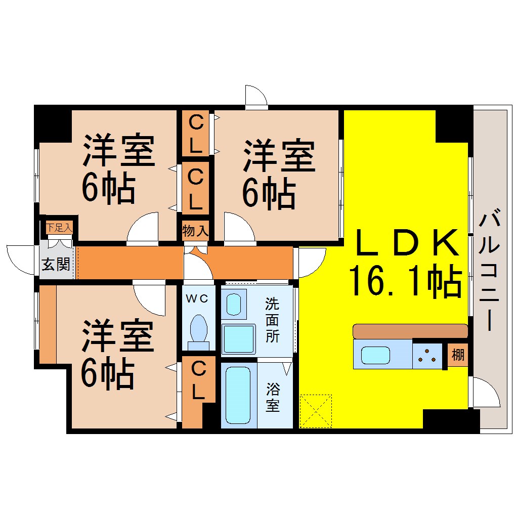 ノーブル徳川 間取図　ＬＤＫ16.1帖　脱衣洗面所　カウンターキッチン