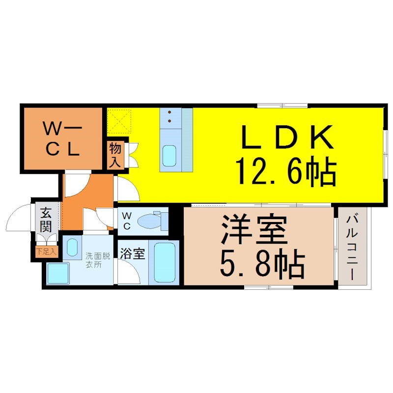 ディオールナゴヤ 間取図　ＬＤＫ12.6帖　洋室5.8帖　脱衣洗面所　バルコニー