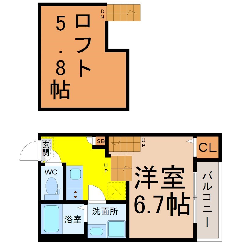 ハーモニーテラス児玉II 間取図　洋室6.7帖　ロフト5.8帖　脱衣洗面所　バルコニー