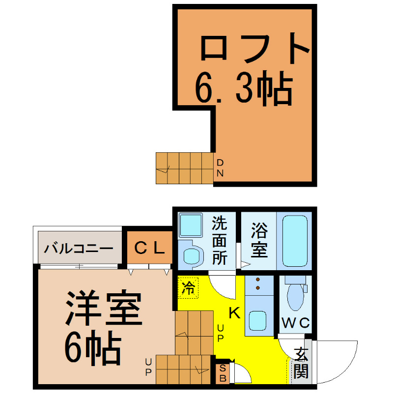 ラグジュアリーレジデンス御器所 間取図　洋室6帖　ロフト6.3帖　脱衣洗面所　バルコニー