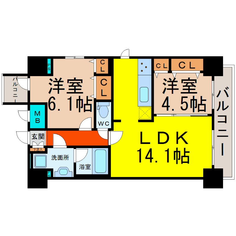 アロハパレス 間取図　ＬＤＫ14.1帖　洋室２部屋　２ＷＡＹバルコニー